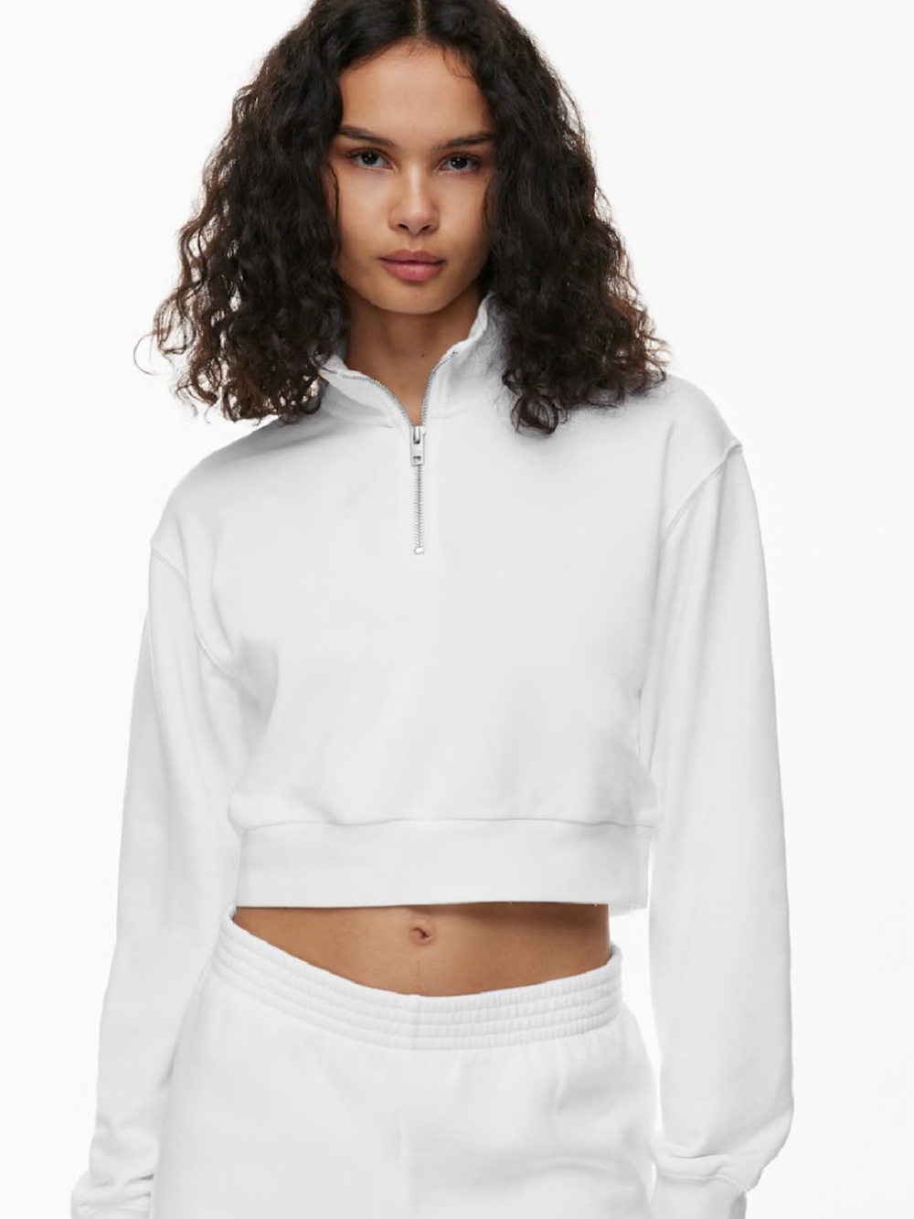 TNA Airy Fleece White Cropped Quarter-Zip Sweatshirt
